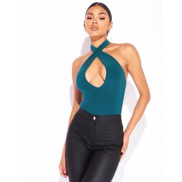 Green Sleeveless Halter Neck Keyhole Open Back Bodycon Bodysuit Top - Picture 10 of 13